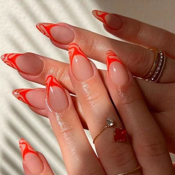 40 Hottest Summer Nails Ideas for 2023 - Orange French Swirl