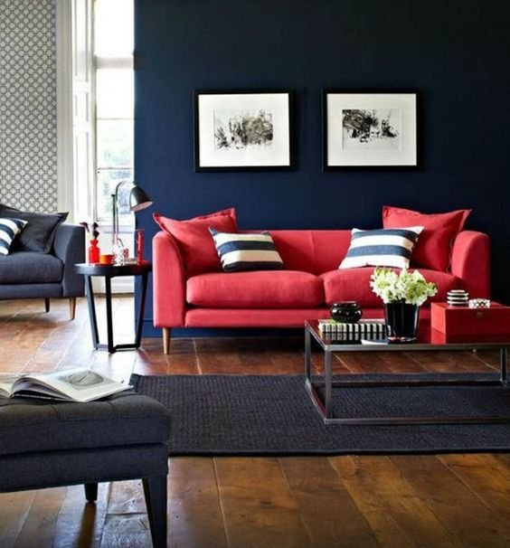Colors That Go With Dark Blue_ Dark blue and coral living room idea